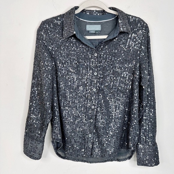 Anthropologie Sequin Button-down Shirt Slate Gray Top Medium Petite - Picture 7 of 15